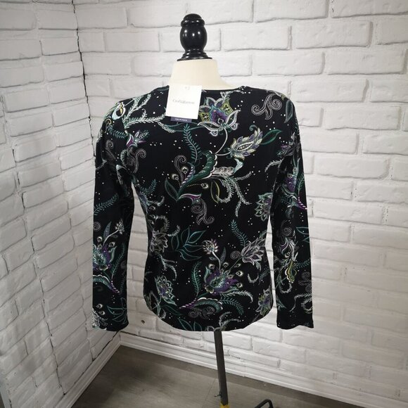 NWT Croft & Barrow Ladies Size Medium Black w/ Flowers Crew Neck T-shirt - Picture 2 of 11